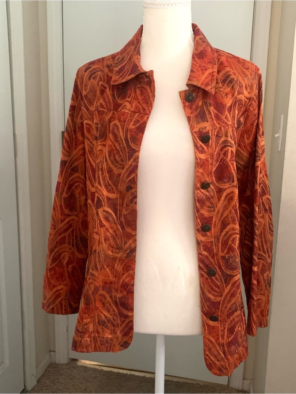 Fall Colors Tapestry Jacket Orange Paisley Autumn Leaves Christopher Banks Sz L